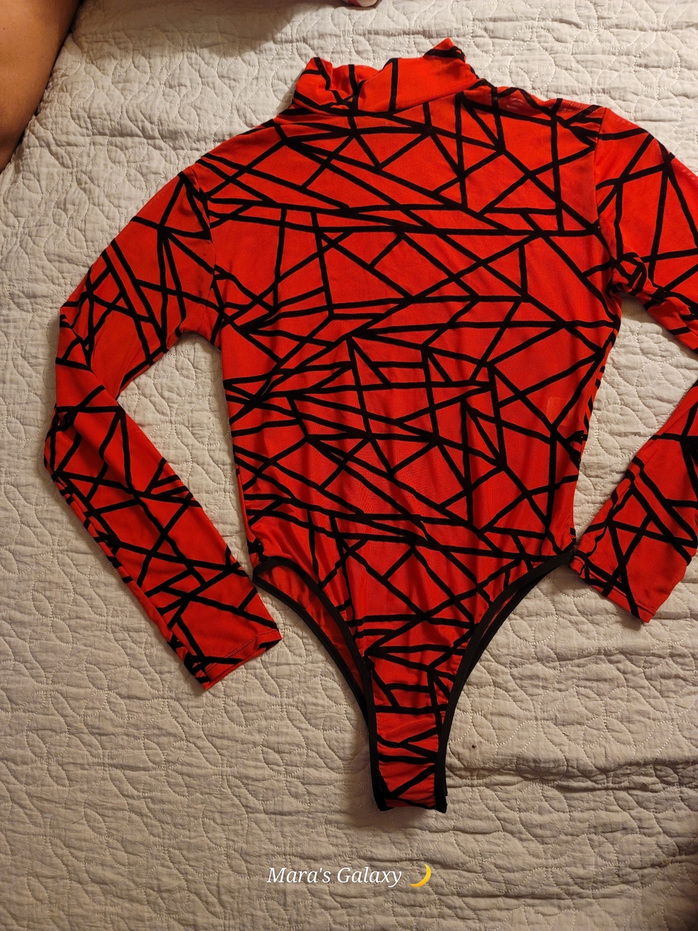 Avidlove Sheer Geometric Print Mesh Bodysuit Red Black